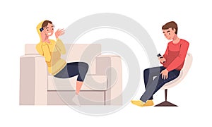 Man and Woman Character with Digital Device Sitting in Chair and Sofa Suffering from Internet Addiction Vector Set