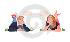 Man and Woman Character Dreaming Imagining and Fantasizing Having Spontaneous Thought in Bubble Vector Set