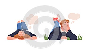 Man and Woman Character Dreaming Imagining and Fantasizing Having Spontaneous Thought in Bubble Vector Set