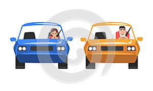 Man and Woman Character Driving Car Sitting on Driver Seat Inside Vehicle Front View Vector Set