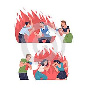 Man and Woman Character Extinguishing Burning Angry Shouting People Vector Set