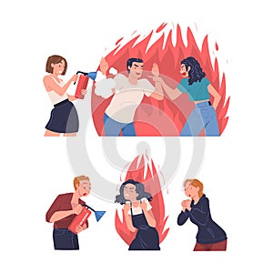 Man and Woman Character Extinguishing Burning Angry Shouting People Vector Set