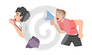 Man and Woman Character with Hand Near Mouth and Megaphone Shouting or Screaming Loud Vector Set