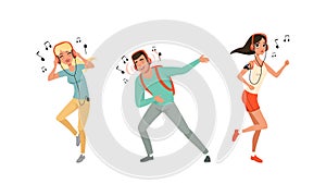 Man and Woman Character with Headphones Listening to Music and Dancing to the Tune Vector Set