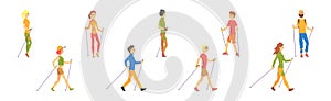 Man and Woman Character Practicing Nordic Walking Vector Set