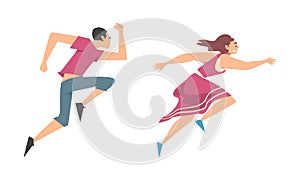 Man and Woman Character Running in a Hurry and Hasten Somewhere Vector Set