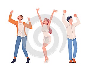 Man and Woman Character Screaming Feeling Joy and Excitement Celebrating Something Vector Set