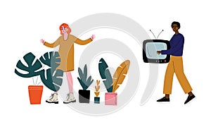 Man and Woman Character Selling and Buying Goods at Marketplace or Flea Market Vector Illustration Set