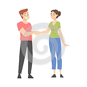 Man and Woman Character Shaking Hand as Brief Greeting or Parting Tradition Vector Illustration