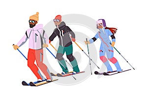 Man and Woman Character Skiing at Mountain Ski Resort in Winter Season Vector Illustration