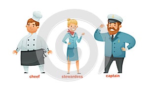 Man and Woman Character of Various Professions with Chef, Stewardess and Captain in Uniform Vector Set