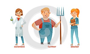 Man and Woman Character of Various Professions with Farmer, Doctor and Scientist Vector Set