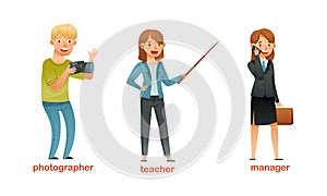 Man and Woman Character of Various Professions with Photographer, Teacher and Manager Vector Set