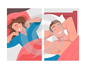 Man and Woman Character Waking Up Feeling Happy Stretching Out in Bed Ready to Get Up in the Morning Vector Set