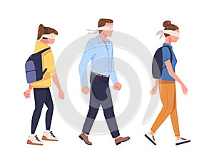 Man and Woman Character Wearing Blindfold Following Someone Trusting and Having Faith in Something Vector Set