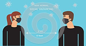 Man and woman character wearing surgical or medical face mask maintain social distancing to prevent from coronavirus, covid-19
