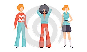 Man and Woman Character Wearing Vintage Clothing from 70s Vector Set