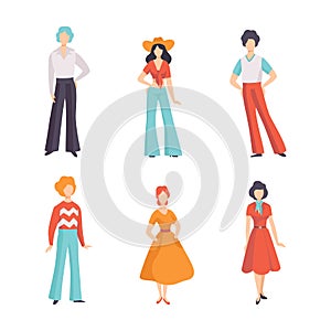 Man and Woman Character Wearing Vintage Clothing from 70s Vector Set