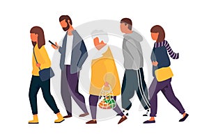 Man and woman characters. Crowd of people walking in autumn clothes. Vector illustration