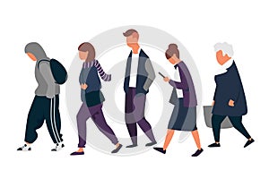 Man and woman characters. Crowd of people walking in autumn clothes. Vector illustration