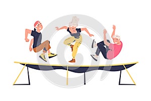 Man and Woman Characters Jumping on Trampoline Bouncing and Flying in the Air Vector Illustration