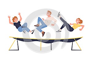 Man and Woman Characters Jumping on Trampoline Bouncing and Flying in the Air Vector Illustration