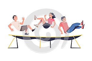 Man and Woman Characters Jumping on Trampoline Bouncing and Flying in the Air Vector Illustration