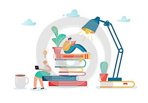 Man and Woman Characters Reading Books. Flat People Sitting on Stack of Books. Education, Library Literature Concept