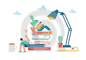 Man and Woman Characters Reading Books. Flat People Sitting on Stack of Books. Education, Library Literature Concept photo