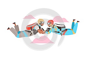 Man and Woman Characters Skydiving Falling Down with Parachute in Tandem Vector Illustration