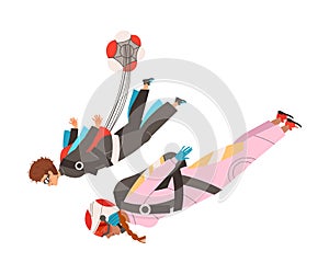 Man and Woman Characters Skydiving Falling Down with Parachute in Tandem Vector Illustration