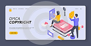 Man and woman checking intellectual property isometric vector illustration. Banner template