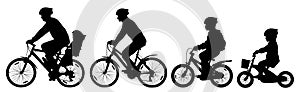 Man woman and children boy and girl on a bicycle riding on a bike, cyclist set, silhouette vector.