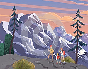Man,woman, children, family hikers traveling trekking with backpacks in mountain forest illustration