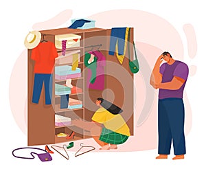 Life of Couple Choosing Clothes in Cupboard Vector