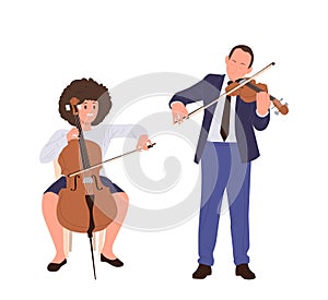 Man and woman classical musician cartoon characters playing violin and contrabass string instrument