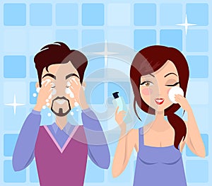 Man and Woman Cleaning and Care Her Face