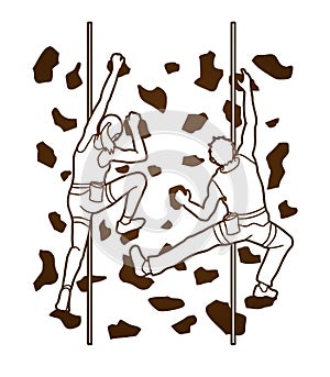 Man and woman climbing on the wall together, Hiking indoor