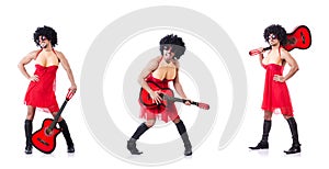 The man in woman clothing with guitar