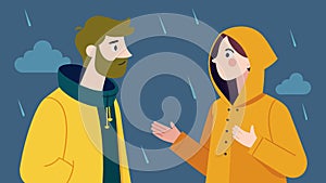 A man and a woman coincidentally wearing the same raincoat striking up a conversation and sharing stories that gradually