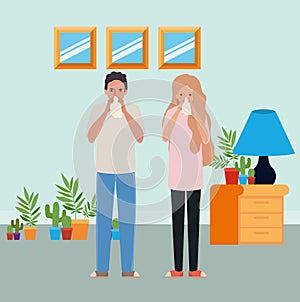 Man and woman with cold holding tissue in room vector design