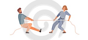 Man and woman competitors tug of war contest vector flat illustration. Colorful male and female rivals pulling opposite