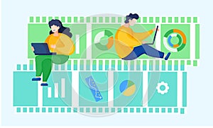 Man and woman with a computer are sending an email vector illustration with gears and charts