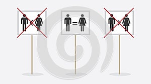Man and woman conceptual gender equality sign icons placards set on white