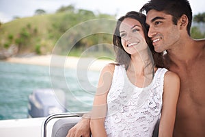 Man, woman and couple on a boat in the ocean, happy with vacation and travel to Italy for anniversary or honeymoon