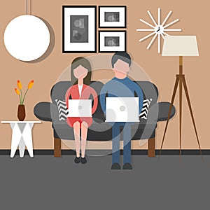 Man woman couple bussy working on laptop sitting couch chair living room