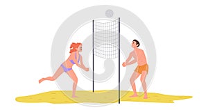 Man and woman couple cartoon characters playing beach volleyball competitive game isolated on white
