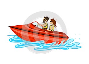 Man and woman, couple driving speed boat