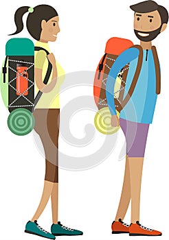 Man and woman couple enjoying trekking or hiking together vector icon isolated on white