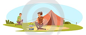 Man and woman couple having camping trip on nature